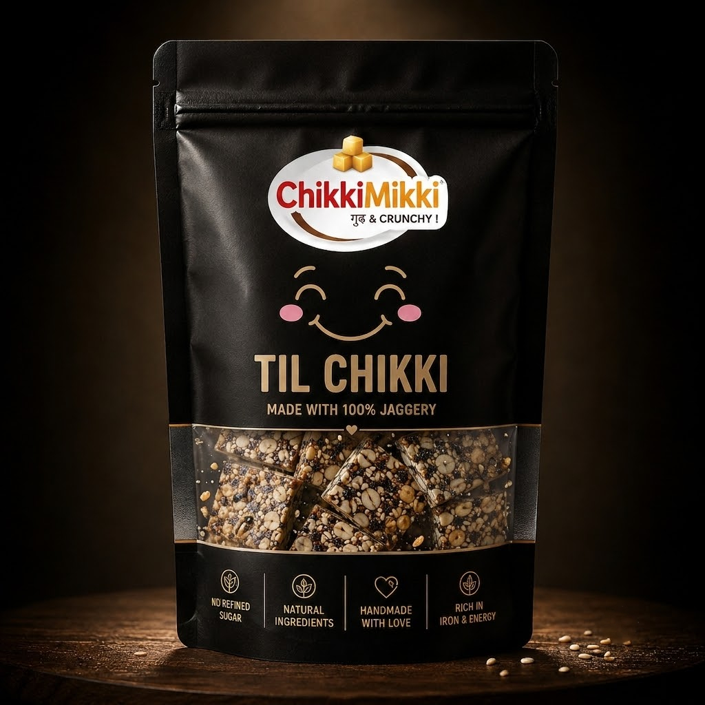 An assortment of Chikki Mikki chikki candy bars on linen
